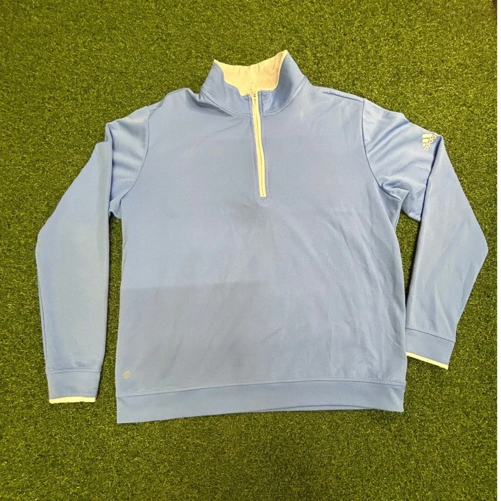 Adidas Mens Light Blue Quarter Zip Golf Pullover Large End Plastic Waste